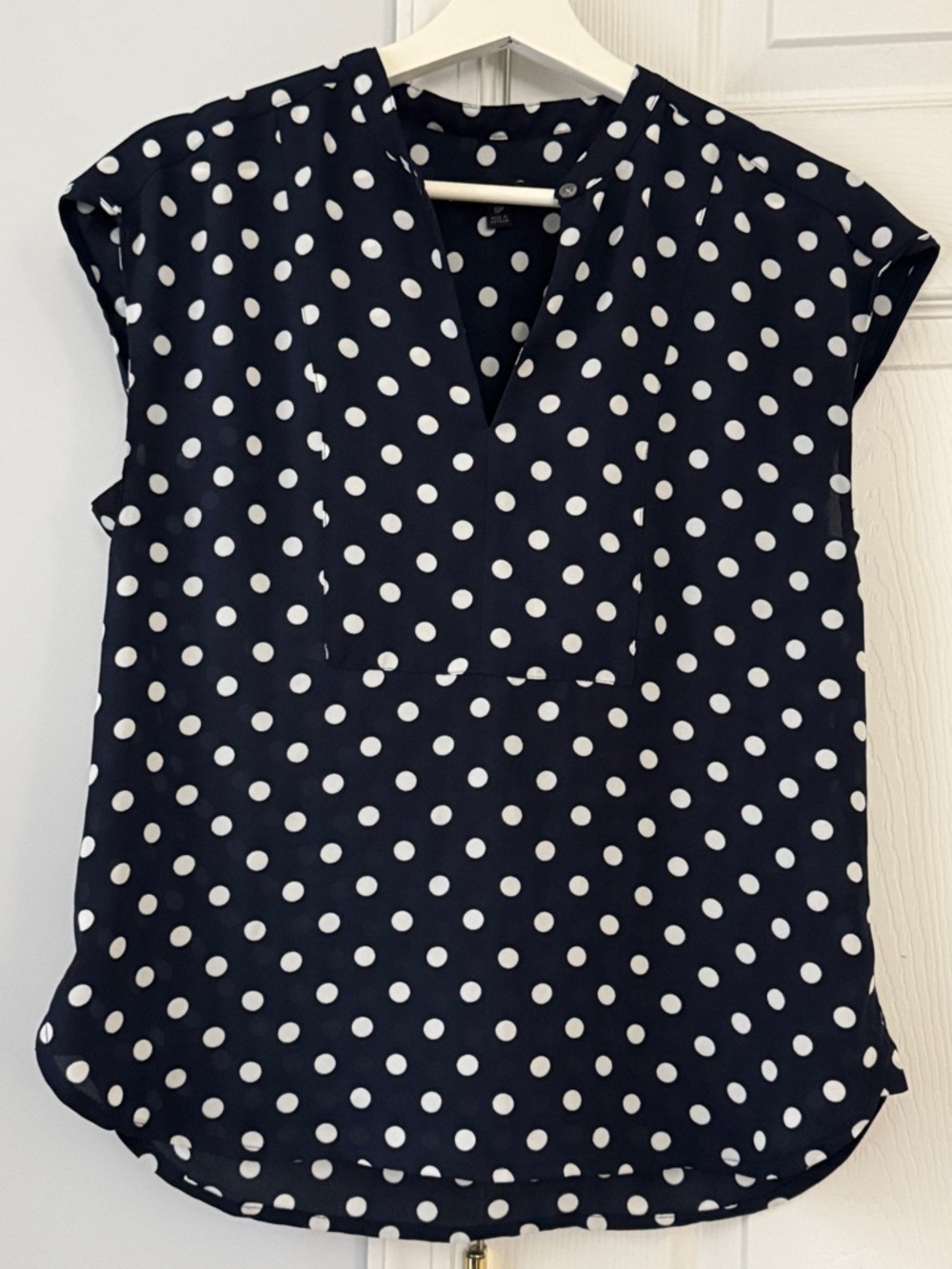 J. Crew Navy and White Polka Dot V-Neck Cap-Sleeve Blouse